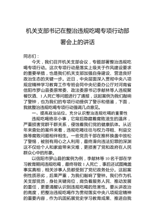 机关支部书记在整治违规吃喝专项行动部署会上的讲话