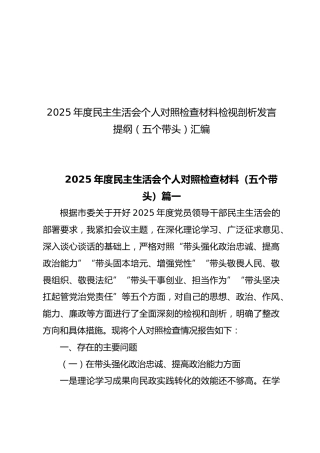 【51篇547页30万字】2025年度民主生活会个人对照检查材料检视剖析发言提纲（五个带头）汇编