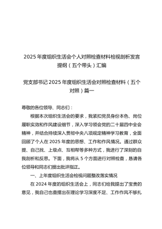 【25篇247页13万字】2025年度组织生活会个人对照检查材料检视剖析发言提纲（五个带头）汇编