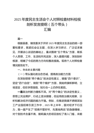 【216篇2179页122万字】2025年度民主生活会个人对照检查材料检视剖析发言提纲汇编（五个带头）