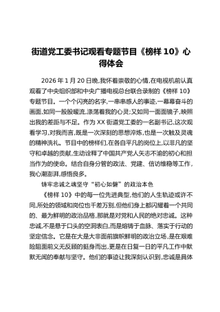 街道党工委书记观看专题节目《榜样10》心得体会