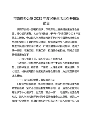 市政府办公室2025年度民主生活会召开情况报告