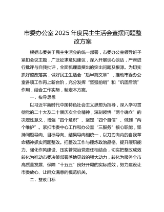 市委办公室2025年度民主生活会查摆问题整改方案