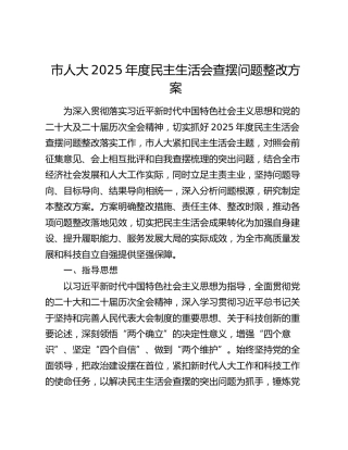 市人大2025年度民主生活会查摆问题整改方案