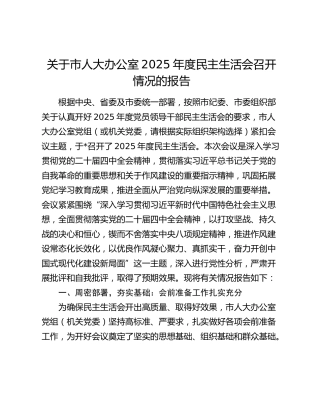 关于市人大办公室2025年度民主生活会召开情况的报告