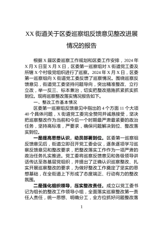 XX街道关于区委巡察组反馈意见整改进展情况的报告