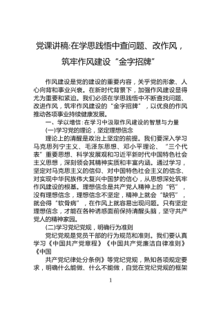 党课讲稿在学思践悟中查问题、改作风，筑牢作风建设“金字招牌”