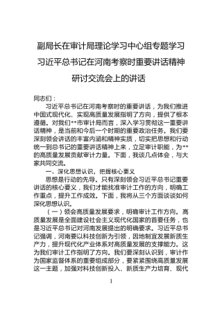 副局长在审计局理论学习中心组专题学习习近平总书记在河南考察时重要讲话精神研讨交流会上的讲话