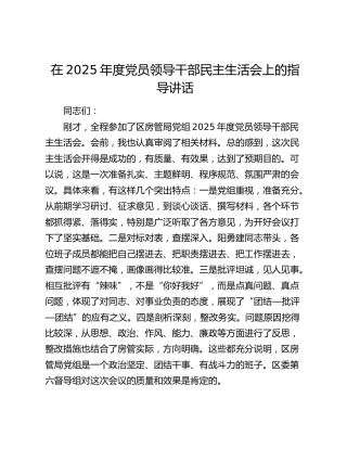 在2025年度党员领导干部民主生活会上的指导讲话