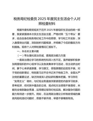 税务局纪检委员2025年度民主生活会个人对照检查材料（五个带头）