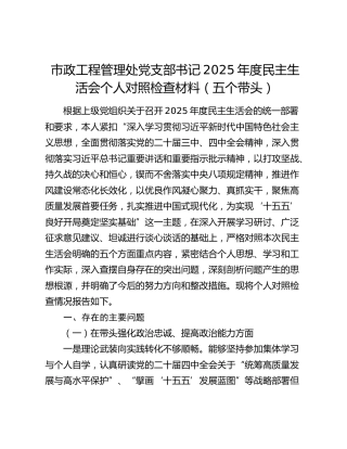 市政工程管理处党支部书记2025年度民主生活会个人对照检查材料（五个带头）
