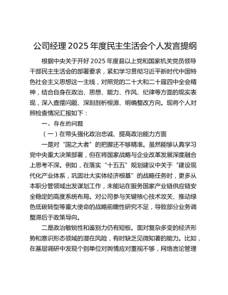 公司经理2025年度民主生活会个人发言提纲