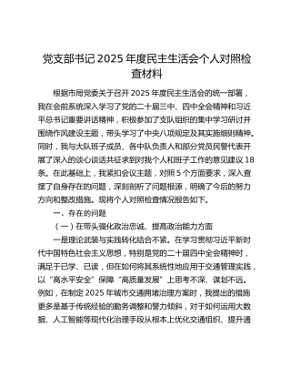 党支部书记2025年度民主生活会个人对照检查材料（五个带头+典型案例剖析）