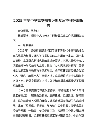 2025年度中学党支部书记抓基层党建述职报告