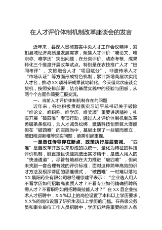 在人才评价体制机制改革座谈会的发言