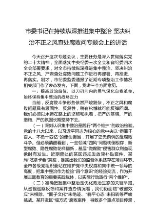 市委书记在持续纵深推进集中整治坚决纠治不正之风查处腐败问专题会上的讲话
