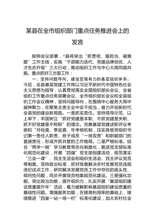某县在全市组织部门重点任务推进会上的发言