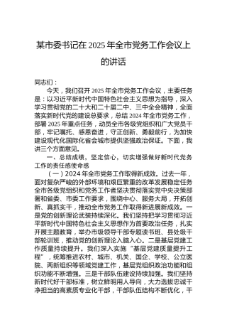 某市委书记在2025年全市党务工作会议上的讲话