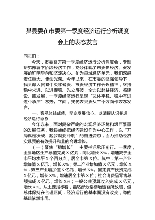 某县委在市委第一季度经济运行分析调度会上的表态发言