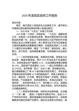 2026年龙凤区政府工作报告