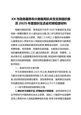 XX市政务服务和大数据局机关党支部组织委员2025年度组织生活会对照检查材料（六个方面）