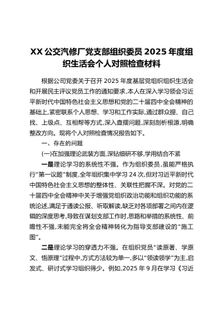 XX汽修厂党支部组织委员2025年度组织生活会个人对照检查材料（六个方面+典型案例剖析）