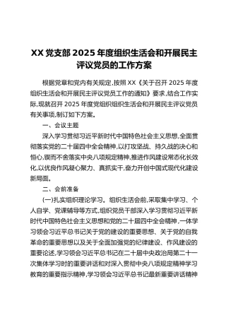 XX党支部2025年度组织生活会和开展民主评议党员的工作方案