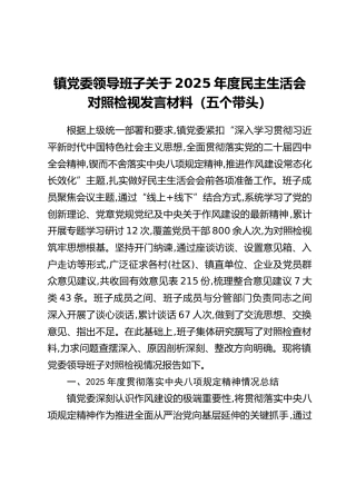 镇党委领导班子关于2025年度民主生活会对照检视发言材料（五个带头）