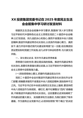 XX投资集团党委书记在2025年度民主生活会会前集中学习研讨发言材料