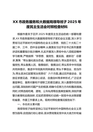 XX市政务服务和大数据局领导班子2025年度民主生活会对照检查材料（六个带头方面+典型案例剖析）