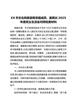 XX市文化和旅游局党组成员、副局长2025年度民主生活会对照检查材料（五个带头+典型案例剖析）
