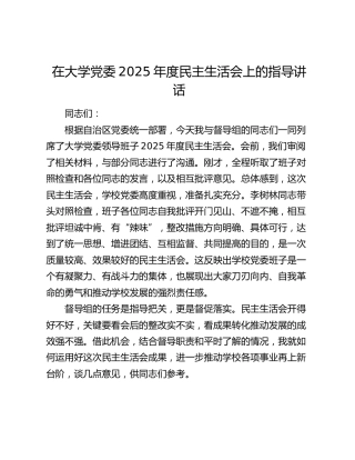在大学党委2025年度民主生活会上的指导讲话