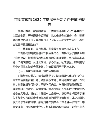 市委宣传部2025年度民主生活会召开情况报告