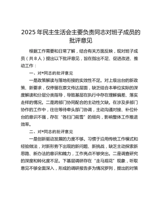 2025年民主生活会主要负责同志对班子成员的批评意见