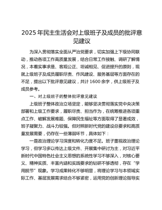 2025年民主生活会对上级班子及成员的批评意见建议