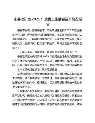 市委政研室2025年度民主生活会召开情况报告