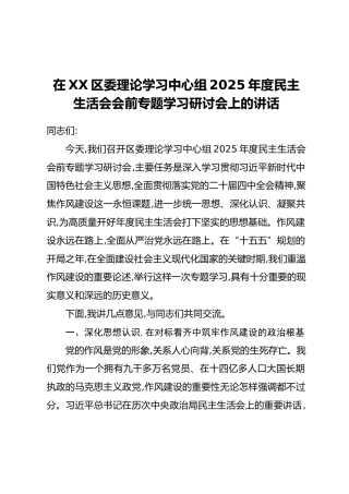 在XX区委理论学习中心组2025年度民主生活会会前专题学习研讨会上的讲话
