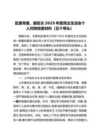 区委常委、副区长2025年度民主生活会个人对照检查材料（五个带头）