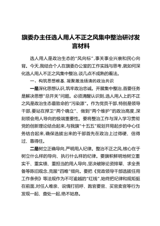 旗委办主任选人用人不正之风集中整治研讨发言材料