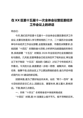 在XX区委十五届十一次全体会议暨区委经济工作会议上的讲话