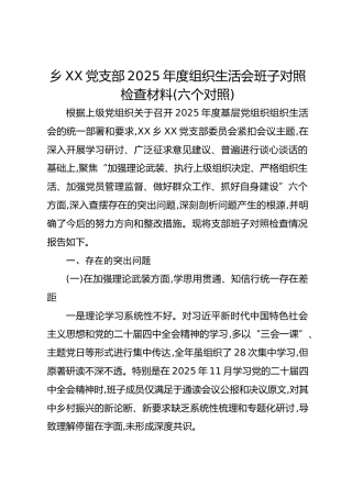 乡XX党支部2025年度组织生活会班子对照检查材料(六个对照)