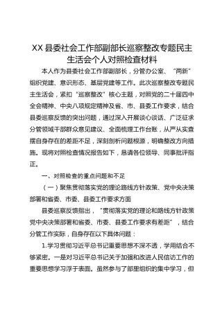 XX县委社会工作部副部长巡察整改专题民主生活会个人对照检查材料1