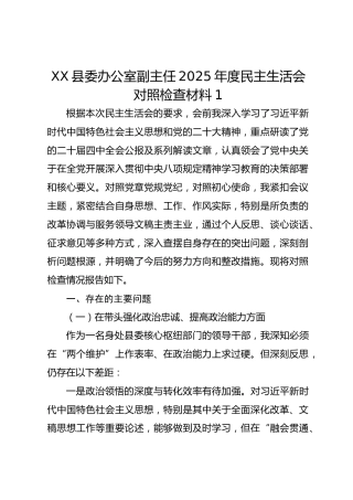 XX县委办公室副主任2025年度民主生活会对照检查材料1
