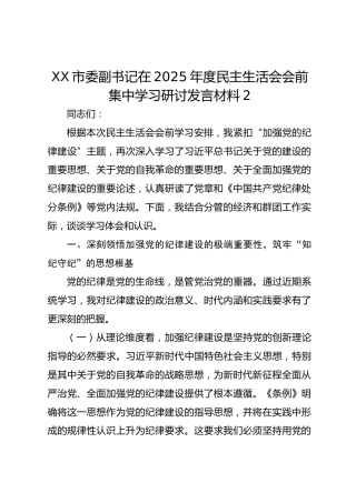 XX市委副书记在2025年度民主生活会会前集中学习研讨发言材料2