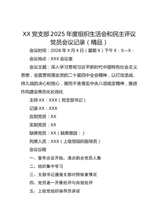 XX党支部2025年度组织生活会和民主评议党员会议记录