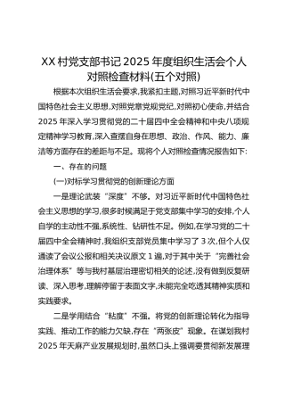 XX村党支部书记2025年度组织生活会个人对照检查材料(五个对照)