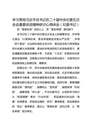 学习贯彻总书记在二十届中央纪委五次全会重要讲话精神研讨心得体会（纪委书记）