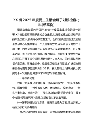 XX镇2025年度MZ生活会班子对照检查材料(带案例)