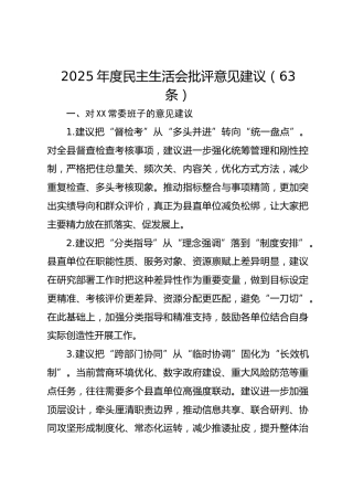 2025年度MZ生活会批评意见建议（63条）