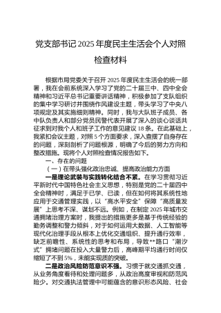 党支部书记2025年度民主生活会个人对照检查材料